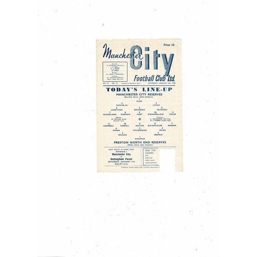 Manchester City v Preston Central League Football Programme 1957/58
