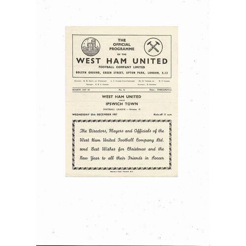 1957/58 West Ham United v Ipswich Town Football Programme