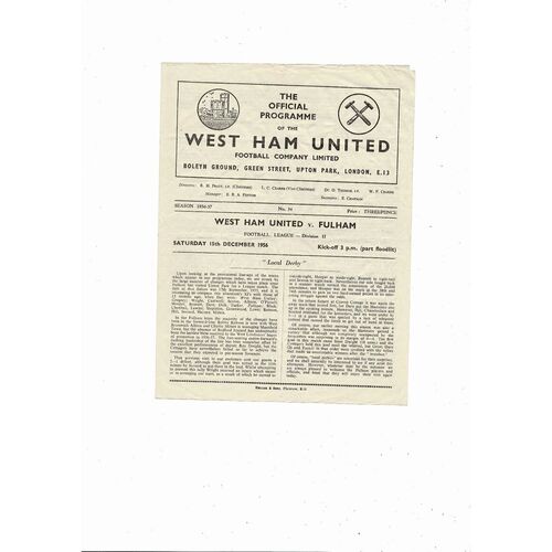 1956/57 West Ham United v Fulham Football Programme