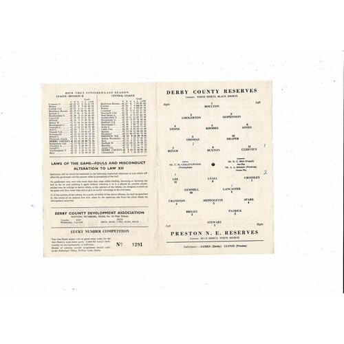 Derby County v Preston Central League Football Programme 1967/68