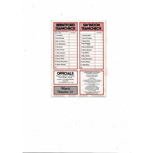 1978/79 Brentford v Swindon Town Football Programme