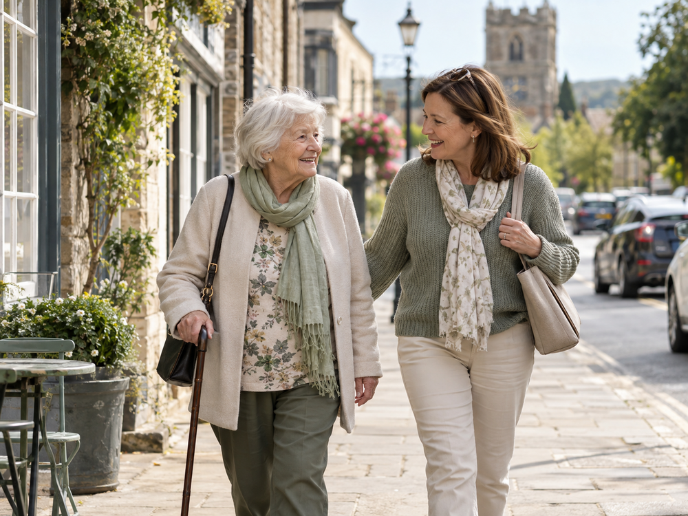 Older woman walking through a local town with a companion providing support and company.