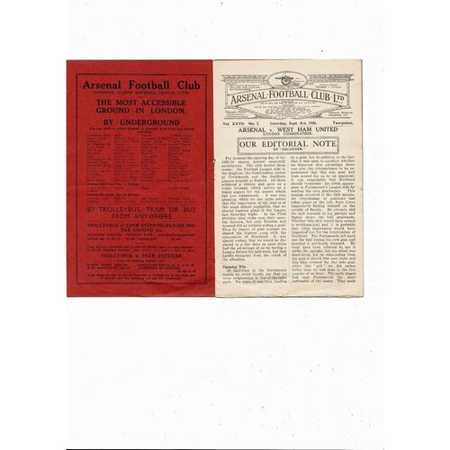 1938/39 Arsenal v West Ham United Football Combination Programme
