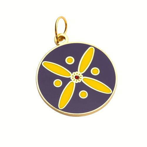 Round Pendant. The Persian Cross. Deep Yellow on Purple with 1 Central Red Stone.