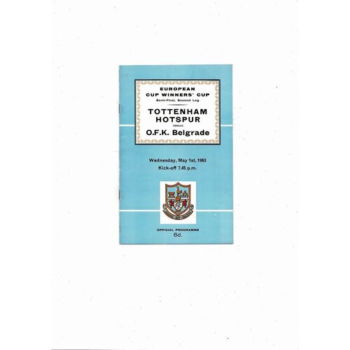 1962/63 Tottenham Hotspur v OFK Belgrade European Cup Winners Cup Semi Final Football Programme