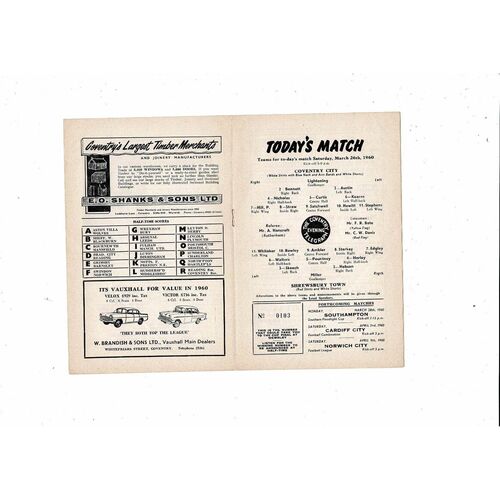 1959/60 Coventry City v Shrewsbury Town Football Programme