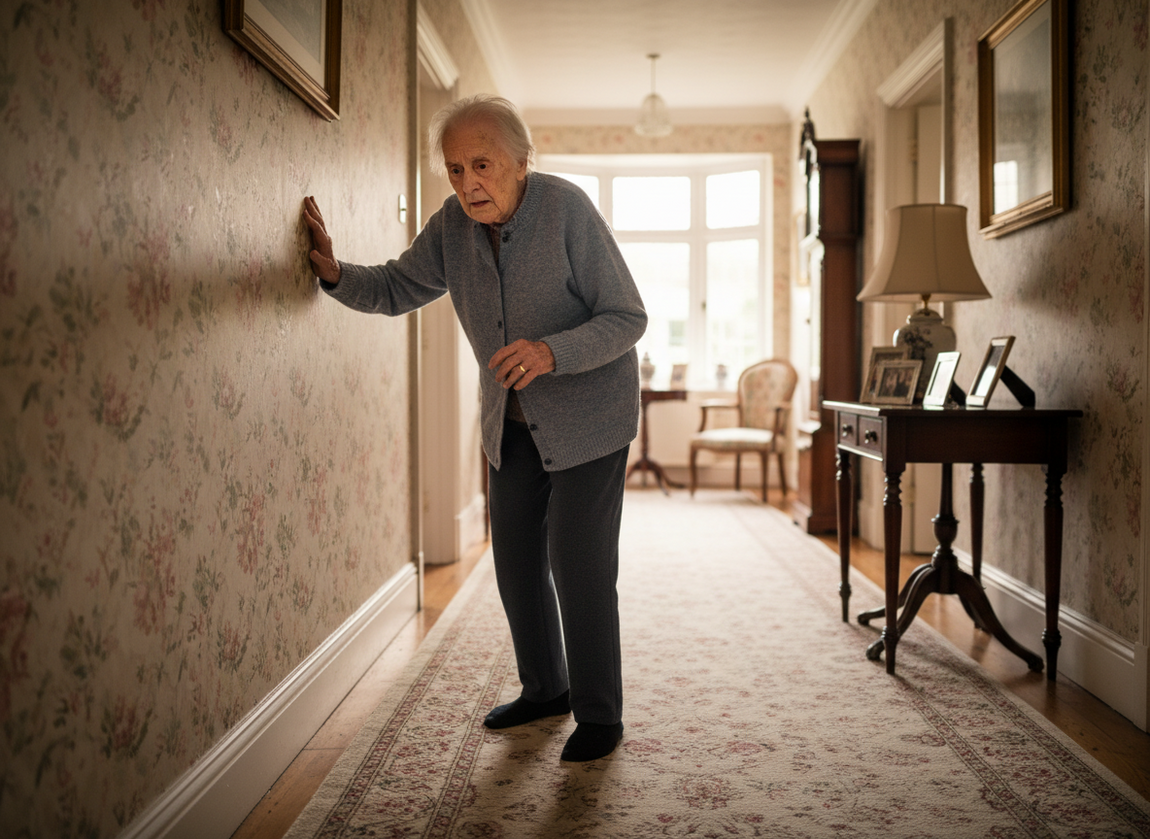 Elderly holding walls for support, Loss of confidence after fall, Fear of falling elderly, Mobility support at home Bristol, Falls prevention home care, Elderly balance problems Hanham, Senior walking difficulties