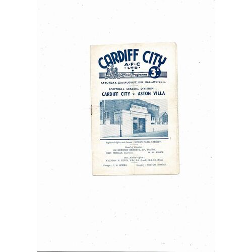 1953/54 Cardiff City v Aston Villa Football Programme