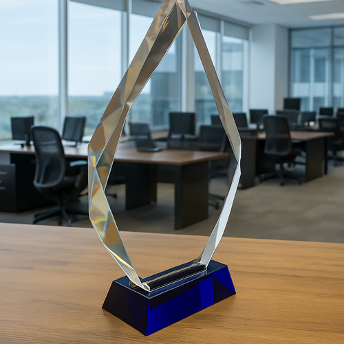 The Mega Plus 250mm Tall, Blue Base, Presentation Crystal/Trophy