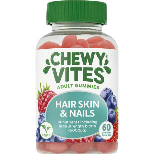 Chewy Vites Adult Hair Skin & Nails - High-Strength Biotin 5000mcg Blueberry & Raspberry Flavour - 60 Gummies