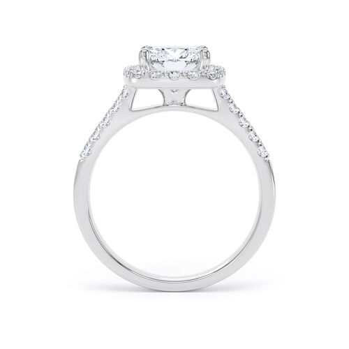 Cushion cut halo with diamond set shoulders