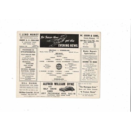 Millwall v Sunderland Friendly Football Programme 1957/58