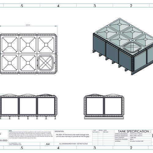 PW.3X2X1.TIF.AG - 7788 LITRE SECTIONAL WATER TANK, TOTALLY INTERNALLY FLANGED (TIF)