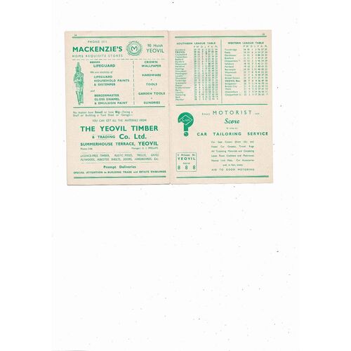 1955/56 Yeovil Town v Bath City Southern League Football Programme