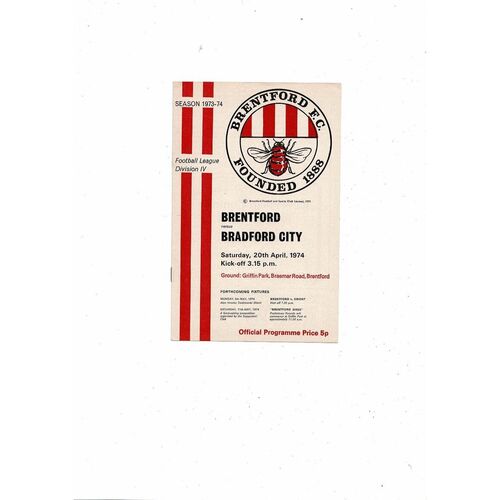 1973/74 Brentford v Bradford City Football Programme