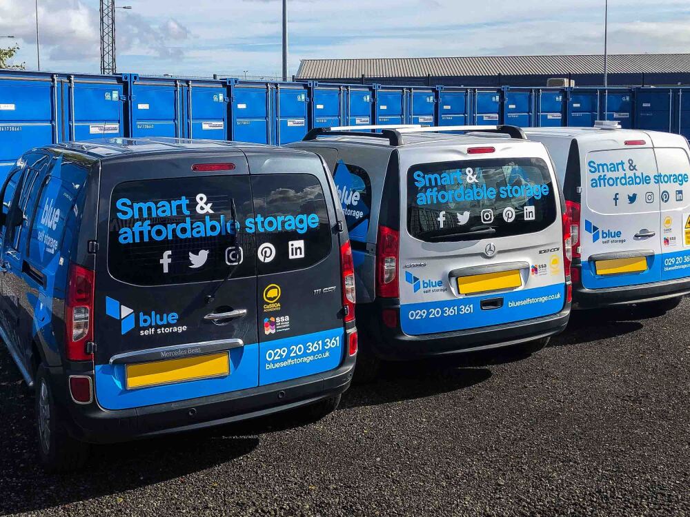 Business fleet of Mercedes Citan vans with branded vehicle graphics for Blue Self Storage.