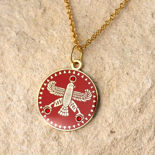 Round Pendant. The Persian Falcon. Deep Red with 3 Red Stones. Original Cyrus Falcon Shahbaz.