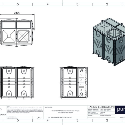 PW.2X1.5X2.IFB.AG - 6000 LITRE SECTIONAL WATER TANK, INTERNALLY FLANGED BASE (IFB)
