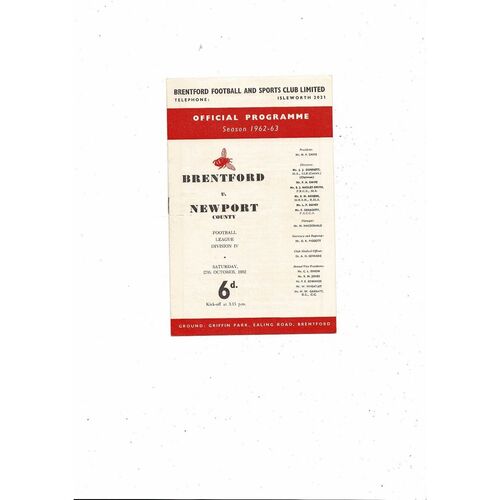 1962/63 Brentford v Newport County Football Programme