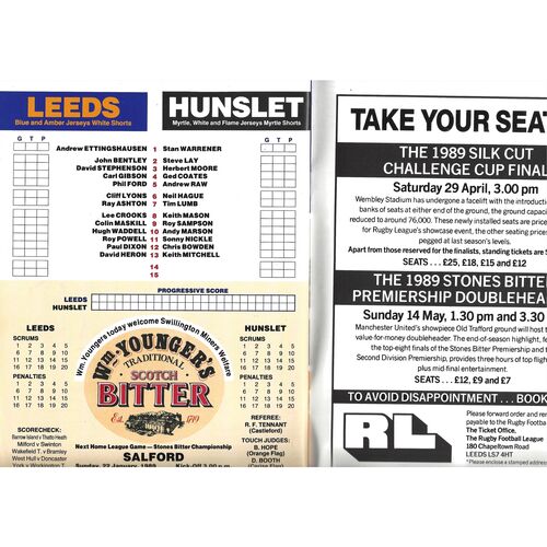 1988/89 Leeds v Hunslet (15/01/1989) Silk Cut Challenge Cup Preliminary Round Rugby League Programme
