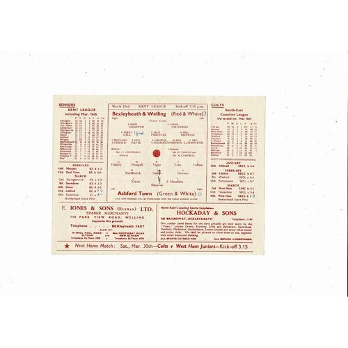 1956/57 Bexleyheath & Welling v Ashford Town Kent League Football Programme