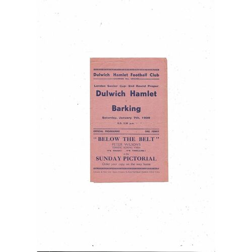 1938/39 Dulwich Hamlet v Barking London Senior Cup Football Programme