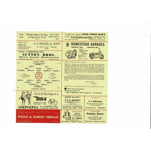 1961/62 Poole Town v Hasting United Southern League Football Programme