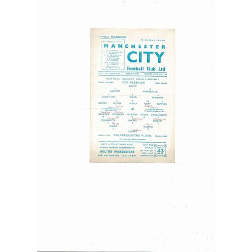 Manchester City v Wolves Central League Football Programme 1965/66