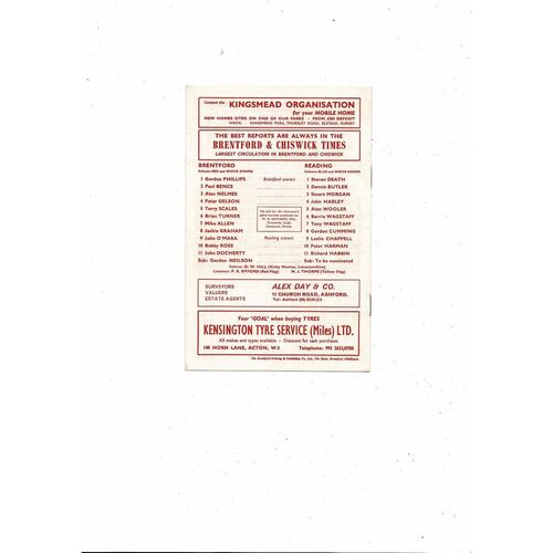 1971/72 Brentford v Reading Football Programme