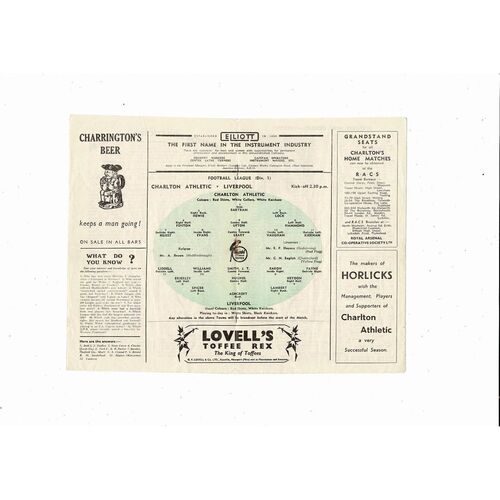 1952/53 Charlton Athletic v Liverpool Football Programme