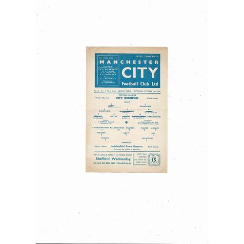 Manchester City v Huddersfield Town Central League Football Programme 1962/63