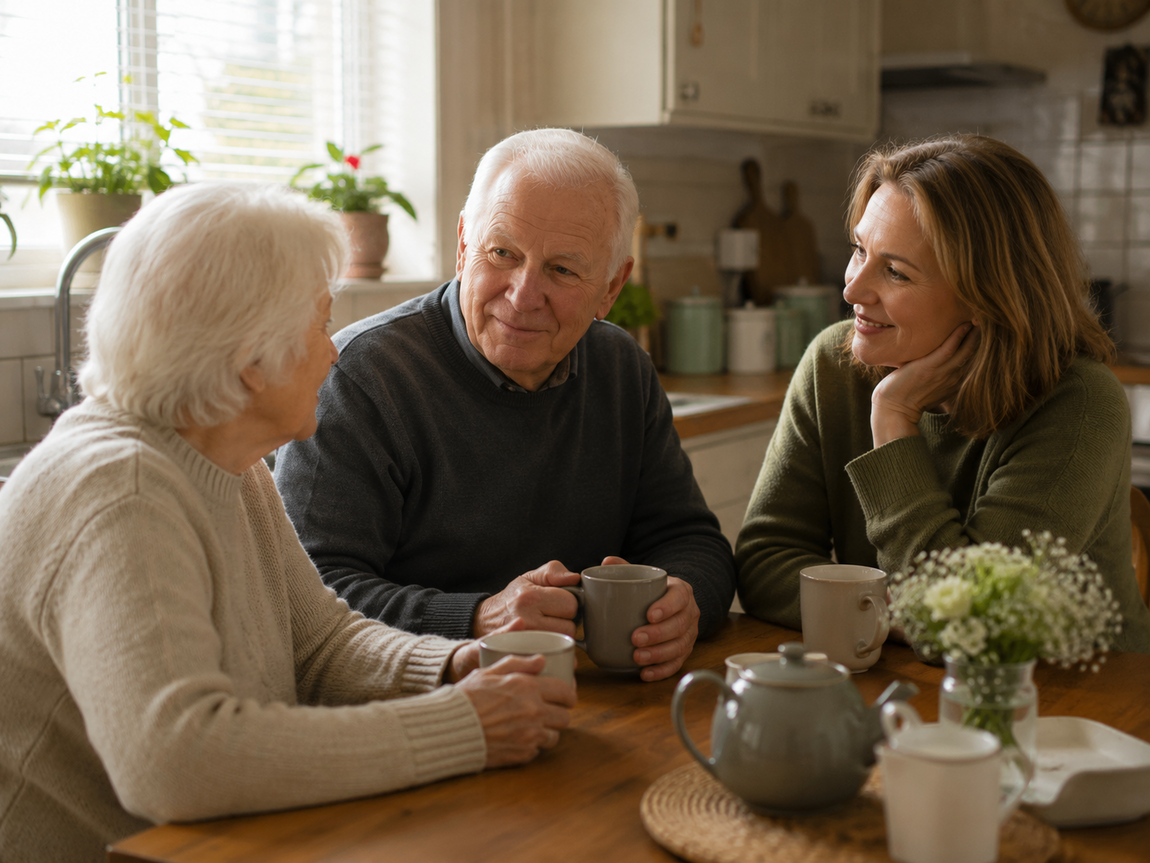An elderly couple and their daughter share a warm conversation over tea at the kitchen table, showing gentle family support and reassurance at home.