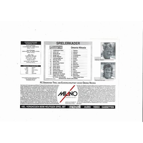 Swarovski Innsbruck Tirol v Omonia Nicosia European  Cup Football Programme 1989/90