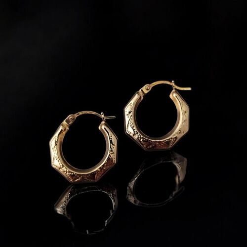 9ct gold heptagonal creole hoops with diamond pattern