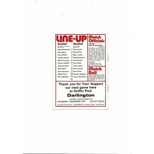 1974/75 Brentford v Mansfield Town Football Programme