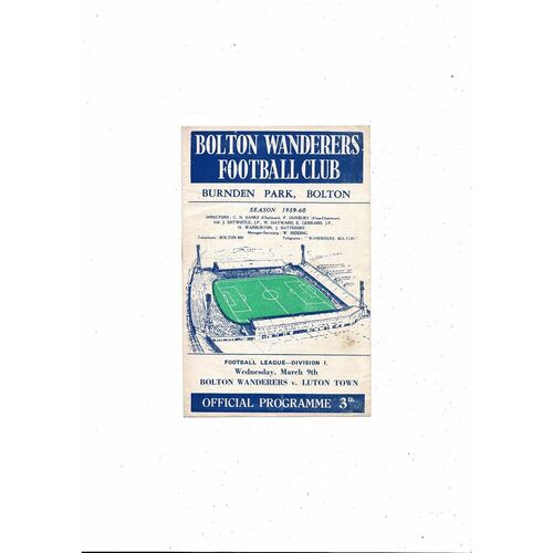 1959/60 Bolton Wanderers v Luton Town Football Programme