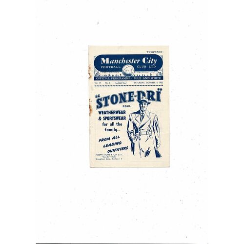 1952/53 Manchester City v Cardiff City Football Programme