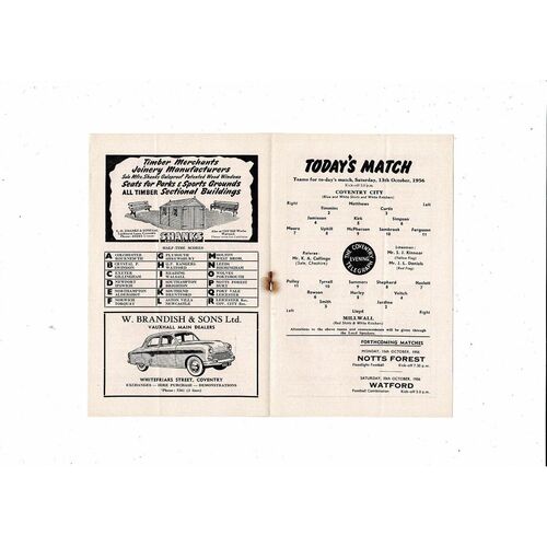 1956/57 Coventry City v Millwall Football Programme