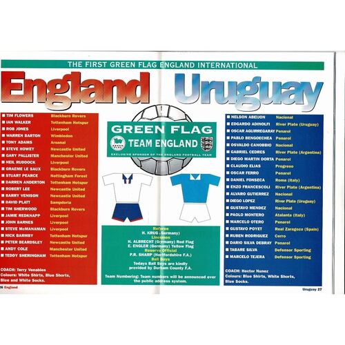1995 England v Uruguay Football Programme