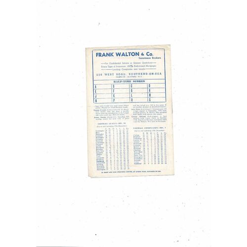 1959/60 Southend United v Brentford Football Programme