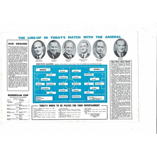 Rangers v Arsenal Friendly Football Programme 1966/67