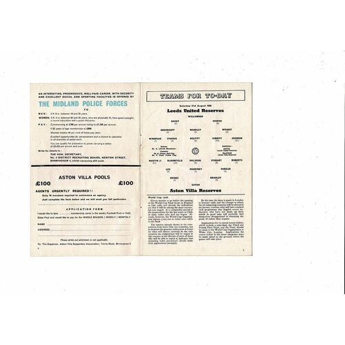 1965/66 Aston Villa v Leeds United  & Leeds Reserves Double Football Programme