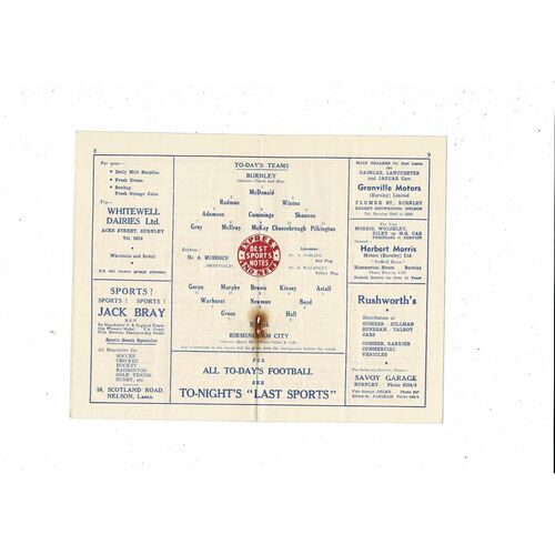 1955/56 Burnley v Birmingham City Football Programme