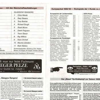 Bayern Munich v Glasgow Rangers European Cup Football Programme 1989/90 Die Blaue Edition