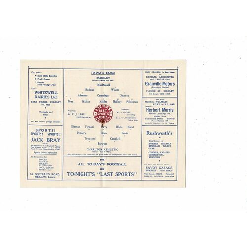 1954/55 Burnley v Charlton Athletic Football Programme