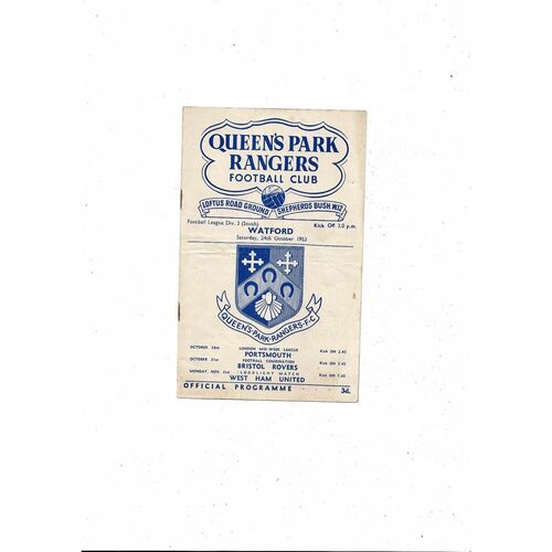 1953/54 Queens Park Rangers v Watford Football Programme