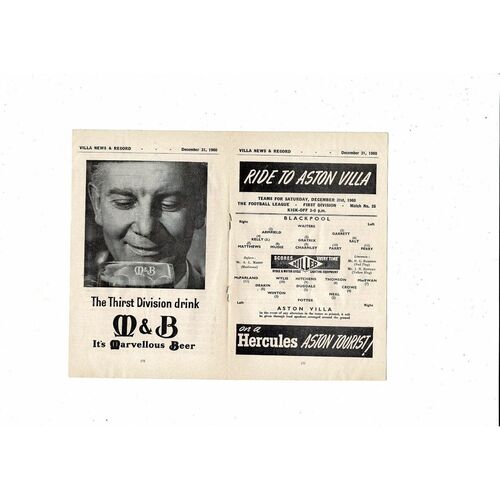 1960/61 Aston Villa v Blackpool Football Programme