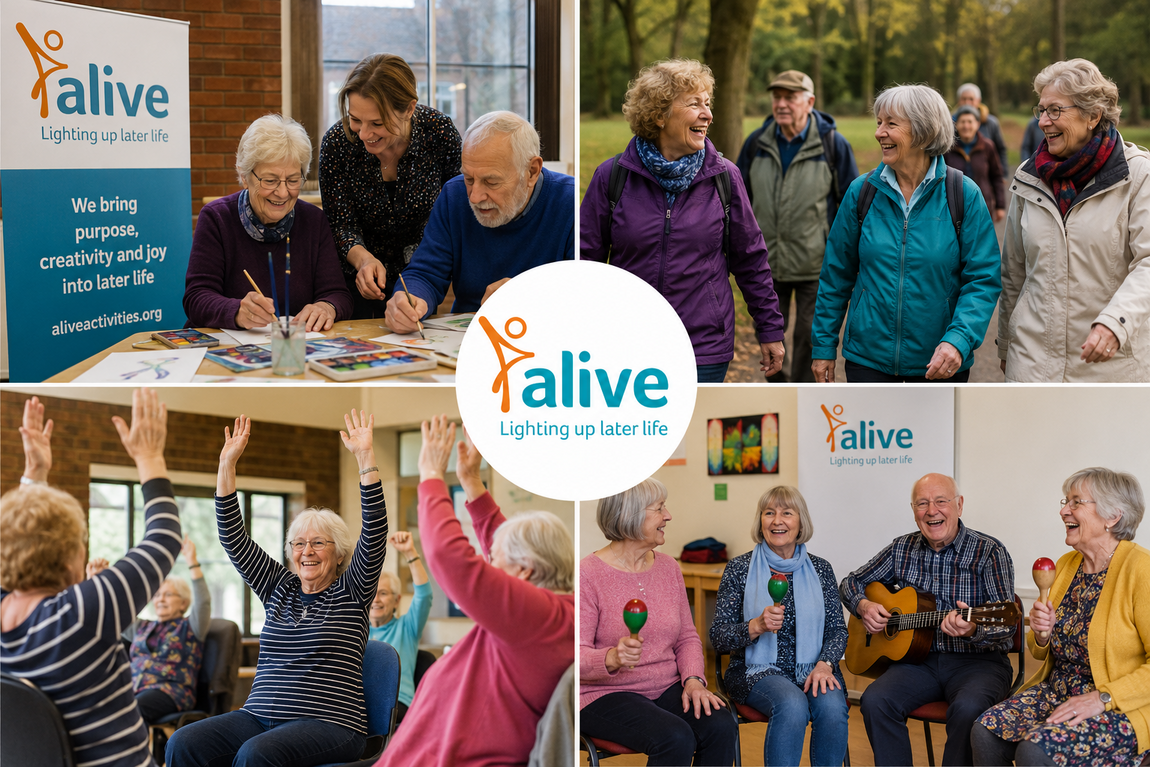Older adults taking part in a flower arranging activity at a community session, with Alive branding displayed in the background.