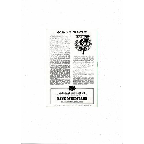 Hibernian v Gornik Friendly Football Programme 1969/70