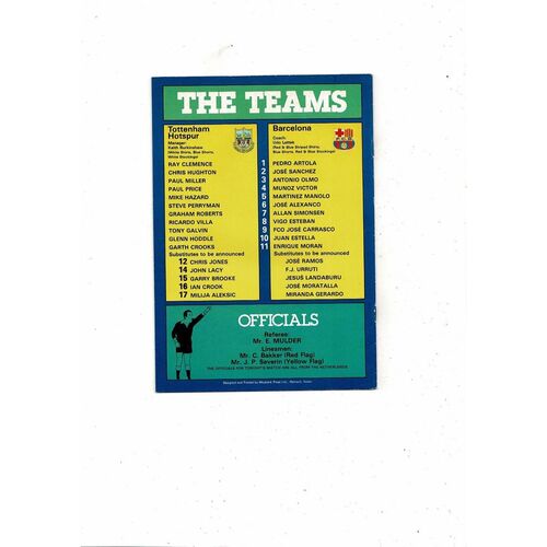 1981/82 Tottenham Hotspur v Barcelona European Cup Winners Cup Semi Final Football Programme